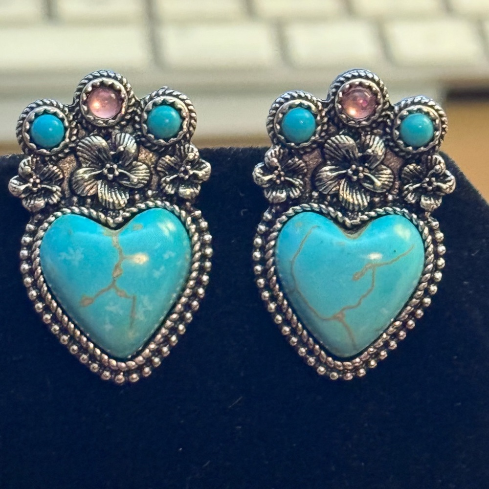Heart Turquoise, Lab Created, Vintage Look Silver tone Hippie, Tribal Earrings - Picture 1 of 5